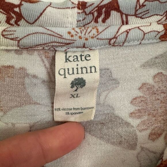 Kate Quinn Women’s Blue Rust Retro Floral Bamboo Blended 1/4 Button Hooded Top - Picture 4 of 8